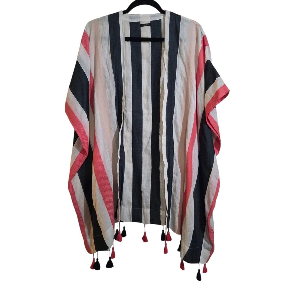 Ann Taylor Factory Kimono Shawl Navy White Pink Striped Tassel One Size Linen